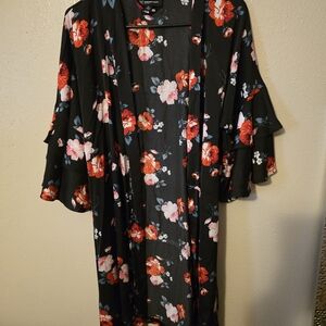 BEAUTIFUL FLORAL SILK ROBE WITH RUFFLE SLEEVES